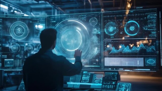 Mission control engineer monitoring spacecraft operation through futuristic digital interface, analyzing holographic telemetry and ensuring successful space exploration process