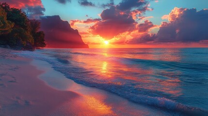 Serene ocean sunset beach scene