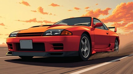 Fototapeta premium Car Drift in Retro 1990s Japanese Style, Desktop Wallpaper