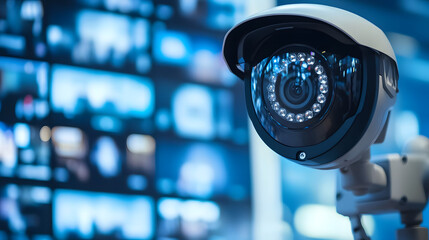 Surveillance Camera System: A close-up shot of a modern security camera capturing the essence of safety and vigilance, set against a backdrop of multiple display screens.