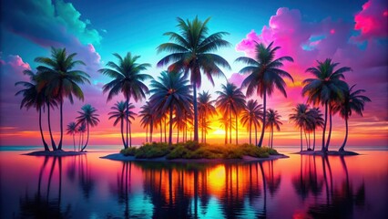 Obraz premium Island Oasis at Sunset with Palm Trees and Vibrant Neon Lights, vibrant colors, sunset
