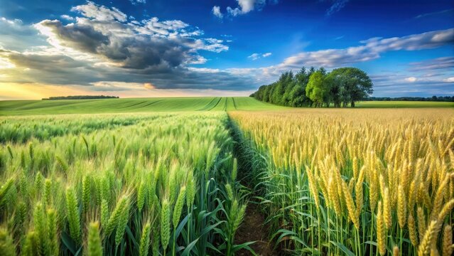 A lush field with wheat and tares growing side by side, showcasing the natural coexistence of two distinct plants amidst a vibrant landscape of green , landscape, field
