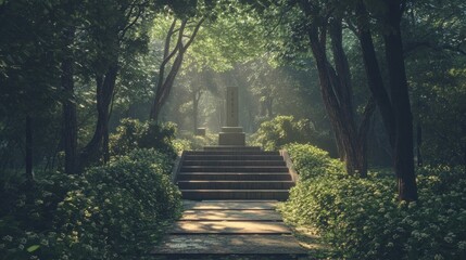 Fototapeta premium Serene stone steps leading to monument in misty garden