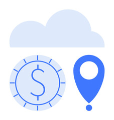 Cloud hovering over dollar coin and location pin highlights digital finance, cloud storage, data management. Ideal for business, technology, innovation, finance apps, GPS, data processing flat