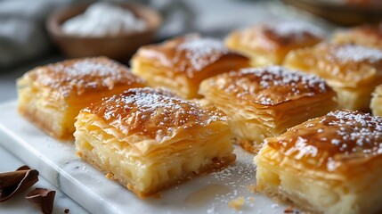 Greek galaktoboureko semolina custard filo with syrup sliced on white background