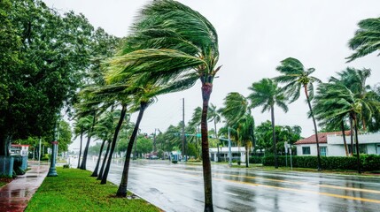 Dramatic scene of palm trees bending in strong wind during a tropical storm on a rainy day in Florida street view