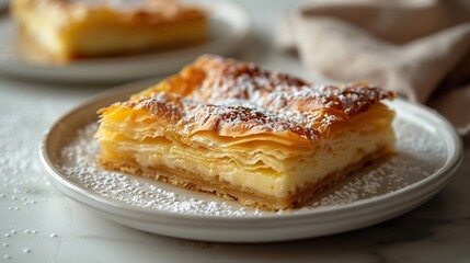 Greek galaktoboureko semolina custard filo with syrup sliced on white background