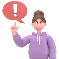 3D illustration of a Asian girl Renae  with exclamation mark in speech bubble.Transparent Background Mockup.Supports PNG files with transparent backgrounds.