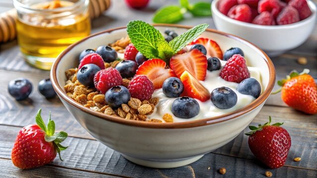 Wholesome breakfast bowl filled with crunchy muesli, fresh mixed berries and creamy yogurt topped with a sprinkle of granola and a drizzle of honey , fresh fruit, healthy breakfast