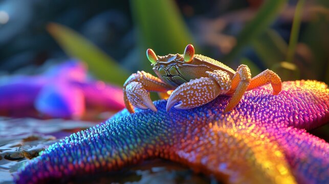Crab perched on iridescent starfish, beach scene, digital art, nature