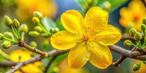 Bright yellow ochna integerrima flower with intricate details and delicate texture, showcasing its unique features in close-up detail , bloom, yellow flower