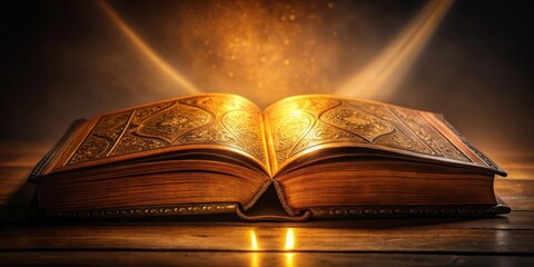 Obraz premium A detailed, golden light illuminates a leather-bound open book on a dark background, showcasing its intricate pages and ornate illustrations , leather-bound, open book