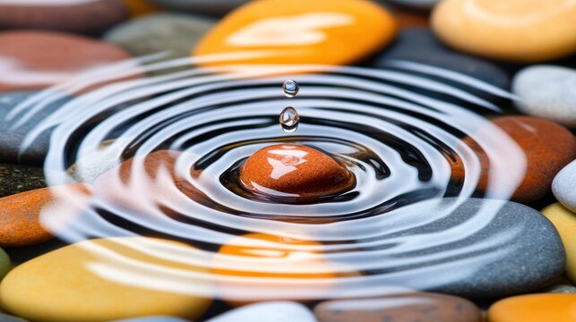 Close-up of water ripples around a smooth stone on a colorful pebble surface in nature - Powered by Adobe
