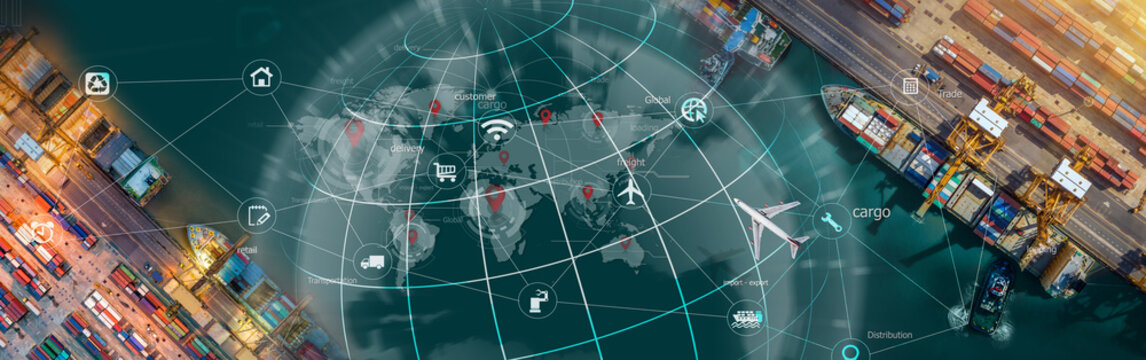World map with logistic network distribution on background. Logistic and transport concept in front Logistics Industrial Container Cargo freight ship for Concept of fast or instant shipping