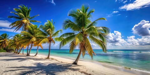 Obraz premium Serene sunny day at the beach with palm trees swaying gently in the breeze as clear blue waters lap against the shore , palm trees, serene atmosphere