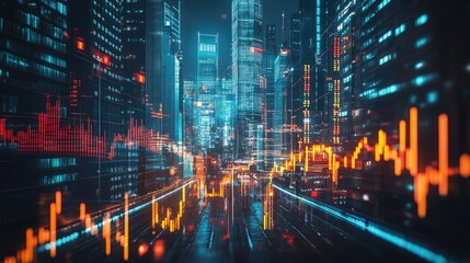 Fototapeta premium Futuristic urban financial skyline depicting stock market activity