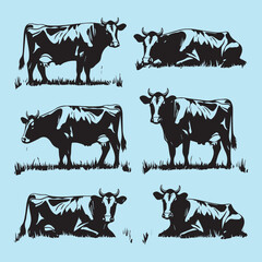 set of black various poses Cow Grazing On Meadow vector silhouettes 