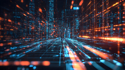 Innovative data visualization action in a futuristic cityscape digital content high-tech environment dynamic perspective