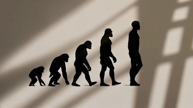 Silhouettes illustrate the evolution of mankind from primates to modern humans highlighting significant stages of development. This creative piece captivates with its simplicity and depth.