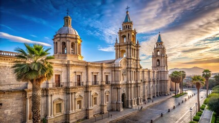 Fototapeta premium Ancient stone walls surrounding a majestic Cathedral in the heart of Arequipa's historic center, wall, cathedral, wall