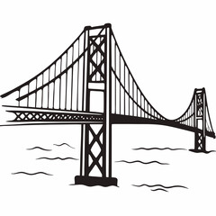 Fototapeta premium Suspension bridge with towers and cables - line art vector illustration in white background