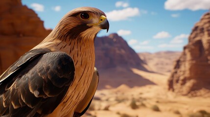 Majestic hawk perched on a rocky ledge in a desert landscape under a bright blue sky