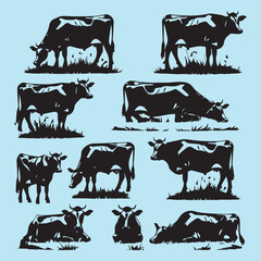 set of black various poses Cow Grazing On Meadow vector silhouettes 
