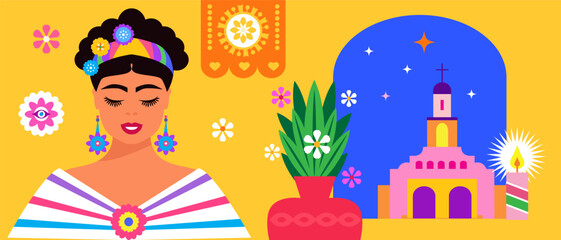 Pretty women, mexican girl in cartoon flat style Funky character for design mexican template design social media post, web banner, cover, card Vector icon illustration