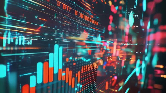 An array of holographic economic projections emanating from a central device capturing attention with rising charts and animated dollar signs all set against a backdrop of intertwined