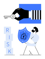 Hand holding key, shield with lock embraced by a figure, and RISK blocks. Ideal for cybersecurity, data protection, key access, security strategy, risk management, insurance abstract line flat