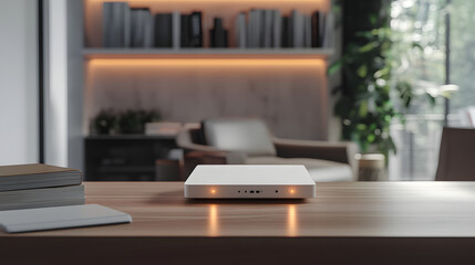 Smart Home Hub: A sleek, minimalist smart home hub rests atop a wooden desk, radiating a subtle glow in a modern, inviting interior, showcasing technology in the home.