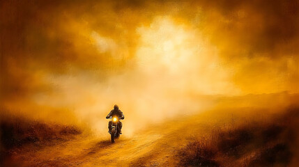 A lone motorcyclist rides a motorcycle on a dusty dirt road