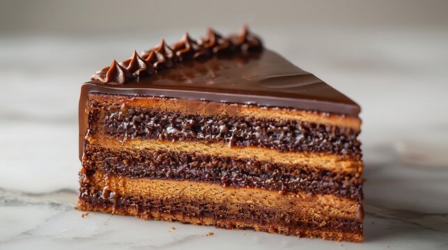 Hungarian dobos torte caramel glaze and sponge layers single slice on white background