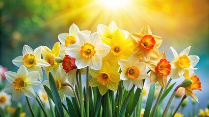 Fototapeta premium Colorful daffodil blooms unfolding petals in sunlight, floral arrangements