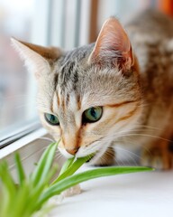 Obraz na płótnie Canvas Close up of a playful tabby cat nibbling on vibrant green plant leaves near a bright window indoor pet photography