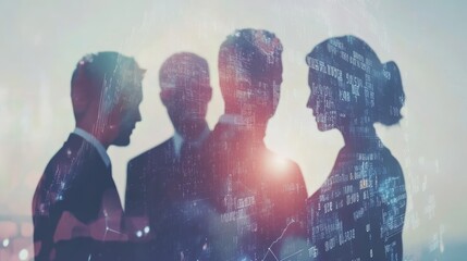 Business teamwork silhouettes with digital data overlay for collaborative success