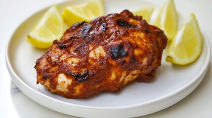 Single piece of tandoori chicken placed on a white plate with lemon wedges