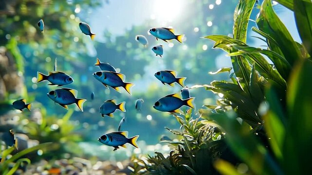 Sunlit underwater scene with vibrant blue fish schooling amidst lush aquatic plants