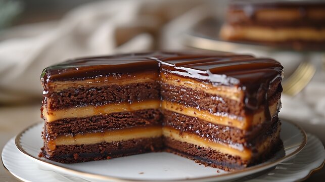 Hungarian dobos torte caramel glaze and sponge layers single slice on white background