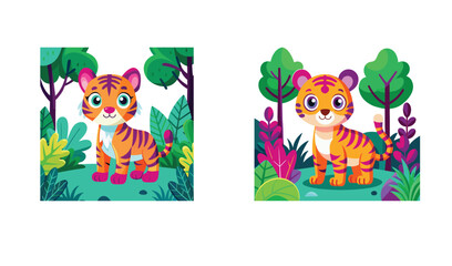 Naklejka premium Two cute cartoon tiger cubs in a jungle setting