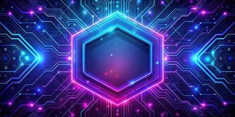 Fototapeta premium futuristic, neon-lit hexagon background with purple and blue hues, glowing circuit boards and wires, cyberpunk