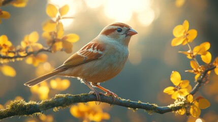 Obraz premium Sparrow in spring flowers