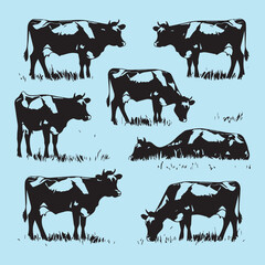 set of black various poses Cow Grazing On Meadow vector silhouettes 