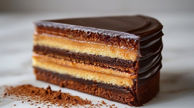 Hungarian dobos torte caramel glaze and sponge layers single slice on white background