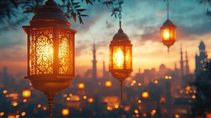 Ramadan Lanterns Illuminating an Enchanting Cityscape at Twilight During Festivities