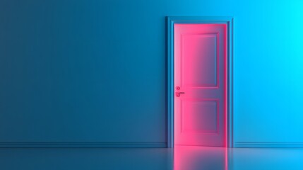 Ajar door glowing pink in a blue room.