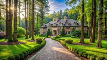 Fototapeta premium A serene mansion surrounded by a lush green forest with tall trees and winding pathways leading to the entrance