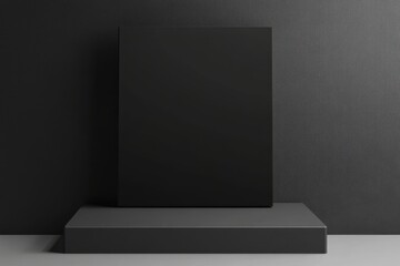 Fototapeta premium Minimalist Presentation of Black Box on Gray Platform Against Dark Textured Wall Backdrop