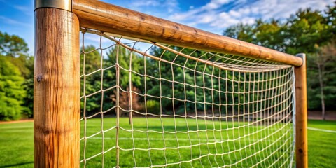 Fototapeta premium Close up of a soccer net with mesh material and wooden frame background