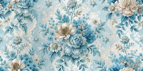 Intricate floral patterns with delicate blue hues and soft textures on elegant wallpaper, evoking a sense of luxury and sophistication , luxury, floral